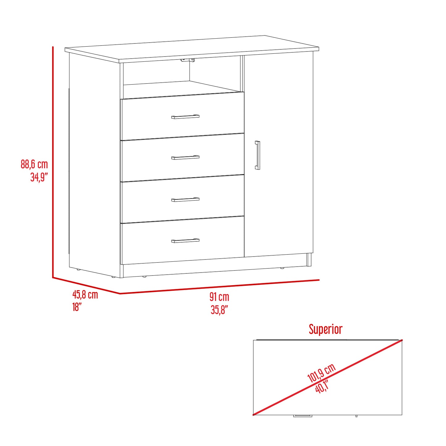 CÓMODA 4 CAJONES Z-91 ROVERE+BLANCO